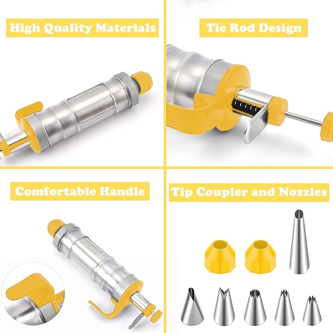 Dessert Decorating Syringe Set, Cake Decorating Kit, Stainless Steels Frosting Piping Kit for Cupcake Decoration with 6 Piping Nozzles, Cake Decorating Gun for Frosting Cream to Make Cupcakes