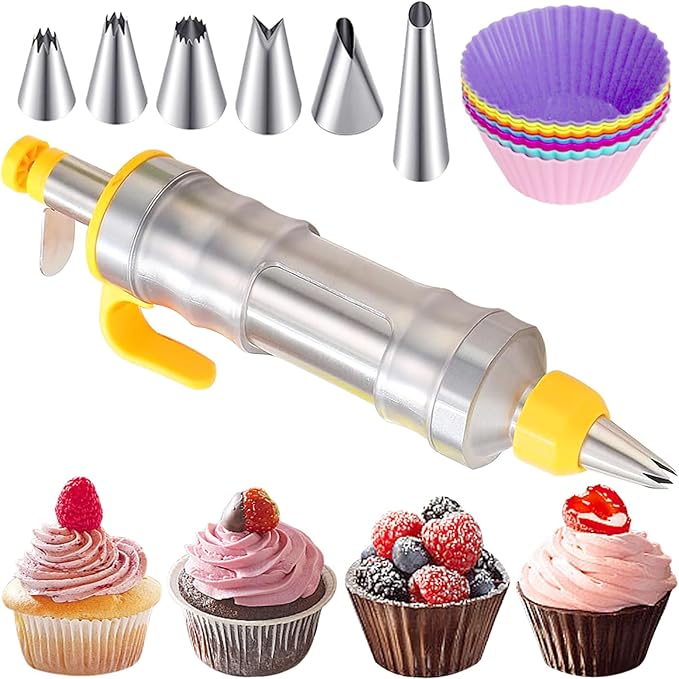 Dessert Decorating Syringe Set, Cake Decorating Kit, Stainless Steels Frosting Piping Kit for Cupcake Decoration with 6 Piping Nozzles, Cake Decorating Gun for Frosting Cream to Make Cupcakes