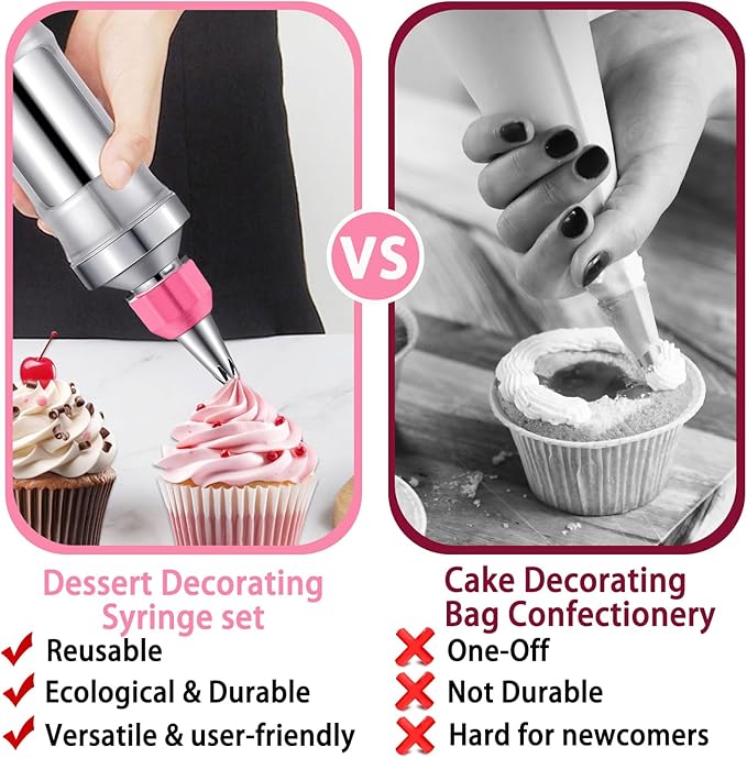 Dessert Decorating Syringe Set, Frosting Piping Kit Stainless Steels Cake Decorating Kit with 6 Piping Tips & 9 silicone cupcakes, Cupcake Decorating Kit Piping Bags and Tips Set
