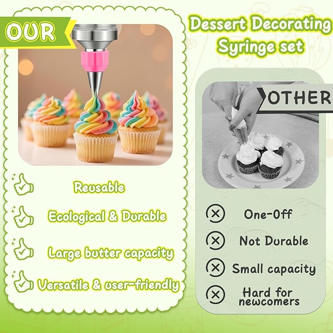 Dessert Decorating Syringe Set, Frosting Piping Kit Stainless Steels Cake Decorating Kit with 54 Piping Tips & 9 silicone cupcakes, Cupcake Decorating Kit Piping Bags and Tips Set