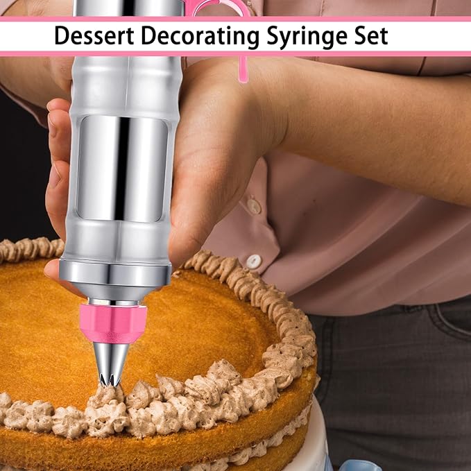 Dessert Decorating Syringe Set, Frosting Piping Kit Stainless Steels Cake Decorating Kit with 6 Piping Tips & 9 silicone cupcakes, Cupcake Decorating Kit Piping Bags and Tips Set