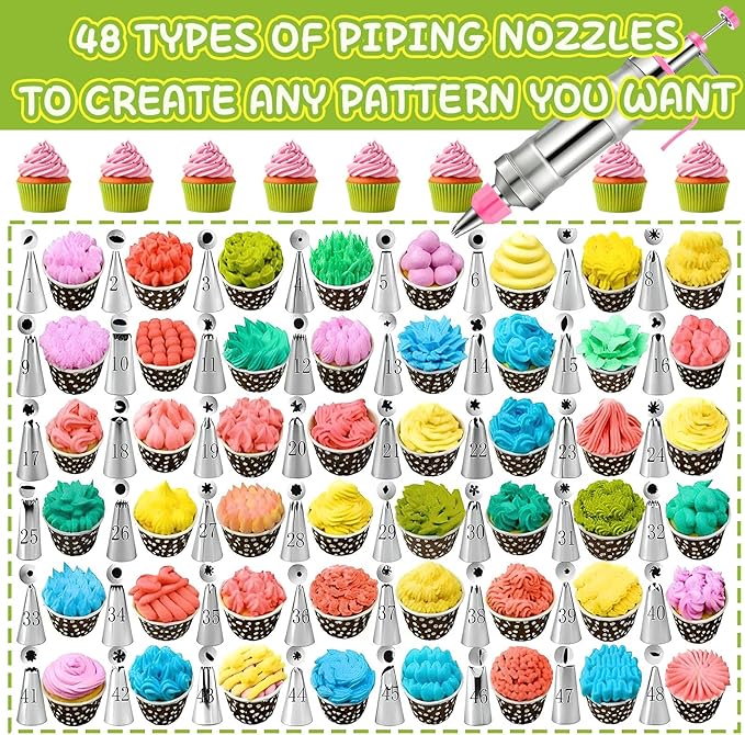 Dessert Decorating Syringe Set, Frosting Piping Kit Stainless Steels Cake Decorating Kit with 54 Piping Tips & 9 silicone cupcakes, Cupcake Decorating Kit Piping Bags and Tips Set