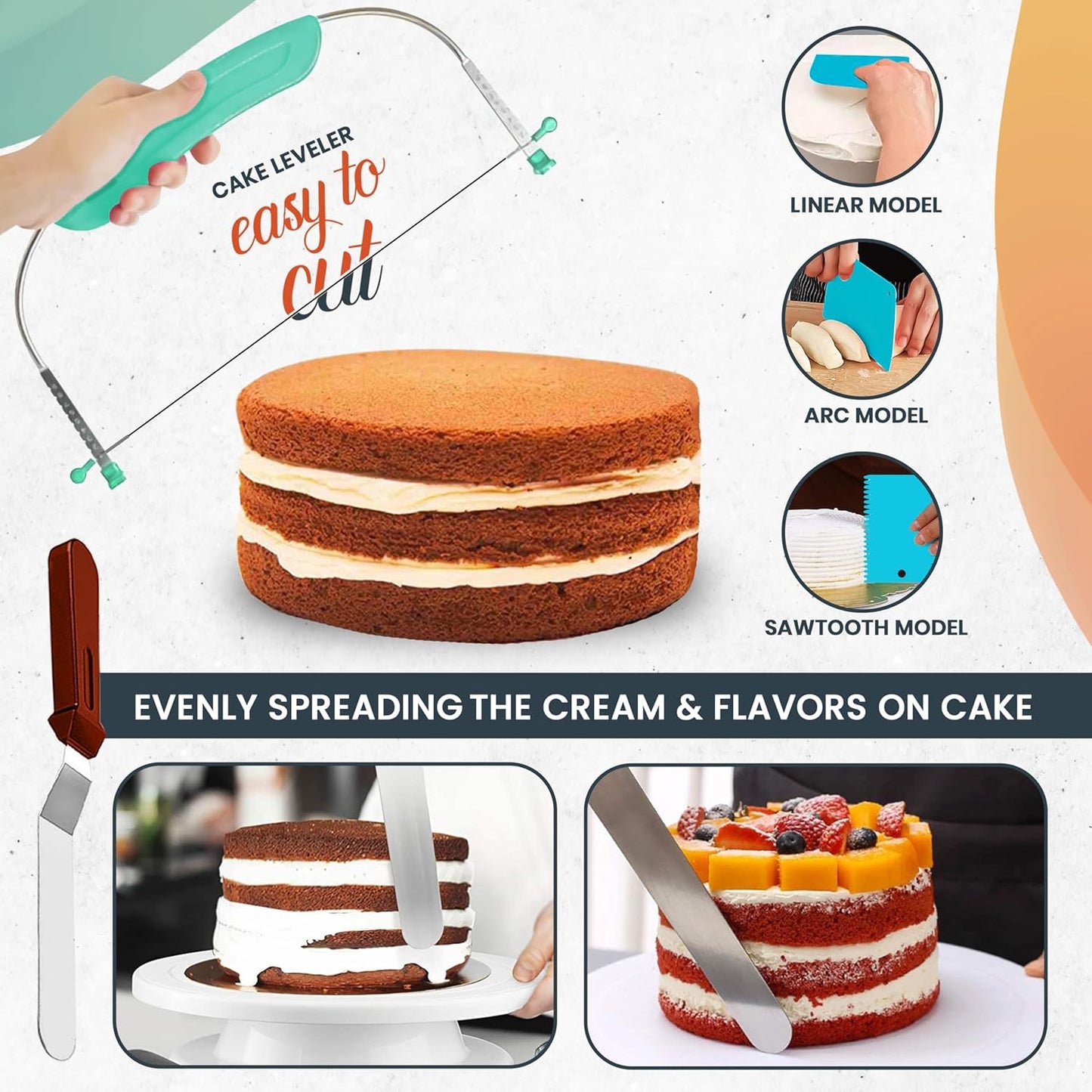 133PCs Round Cake Pans Sets for Baking + Cake Decorating Kit with NonStick 8 Inch Cake Pan Set of 3 -Icing Tips,Cake Leveler,Spatula, Multifunctional Cake Pan, Baking Supplies Gift & eBook