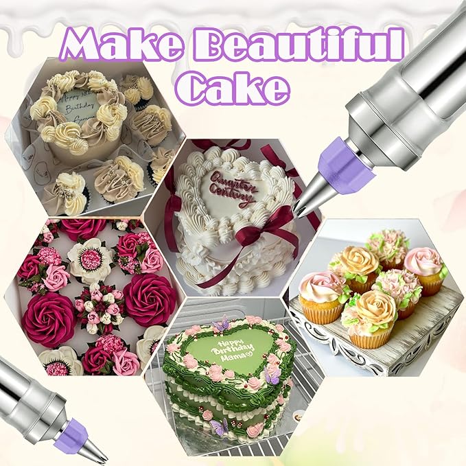 Dessert Decorating Syringe Set, Frosting Piping Kit Stainless Steels Cake Decorating Kit with 6 Piping Tips & 9 silicone cupcakes, Cupcake Decorating Kit Piping Bags and Tips Set