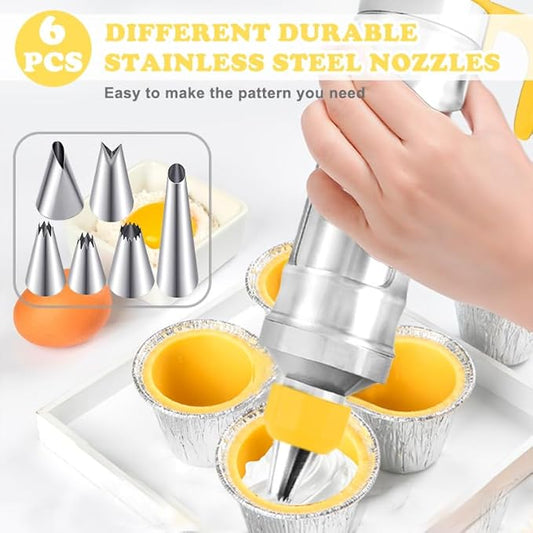 Dessert Decorating Syringe Set, Cake Decorating Kit, Stainless Steels Frosting Piping Kit for Cupcake Decoration with 6 Piping Nozzles, Cake Decorating Gun for Frosting Cream to Make Cupcakes