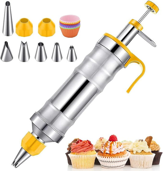 Dessert Decorating Syringe Set, Stainless Steels Cake Decorating Tools Icing Piping Kit Icing Gun Cupcake Frosting Piping Kit, Cake Piping Kit with 6 Icing Nozzles and 9 Cupcake Liners