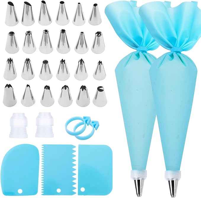 Piping Bags and Tips Set, Cake Decorating Kit with 2 Reusable Piping Bags, 24 Icing Tips, 2 Couplers, 3 Scrapers 2 Silicone Rings, Cupcake Decorating Kits Cake Piping Tips Frosting Piping Kit