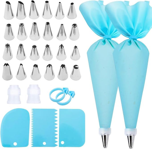 Piping Bags and Tips Set, Cake Decorating Kit with 2 Reusable Piping Bags, 24 Icing Tips, 2 Couplers, 3 Scrapers 2 Silicone Rings, Cupcake Decorating Kits Cake Piping Tips Frosting Piping Kit