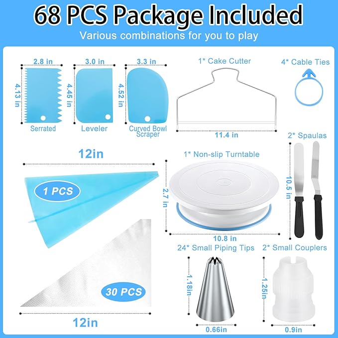 68Pcs Cake Decorating Kit, Baking Supplies Included Turntable, Leveler, 24 Numbered Icing Piping Tips, 2 Spatula, 3 Scrapers, 30+1 Piping Bags, for Beginners Desserts Parties Mother's Day Gift Ideas