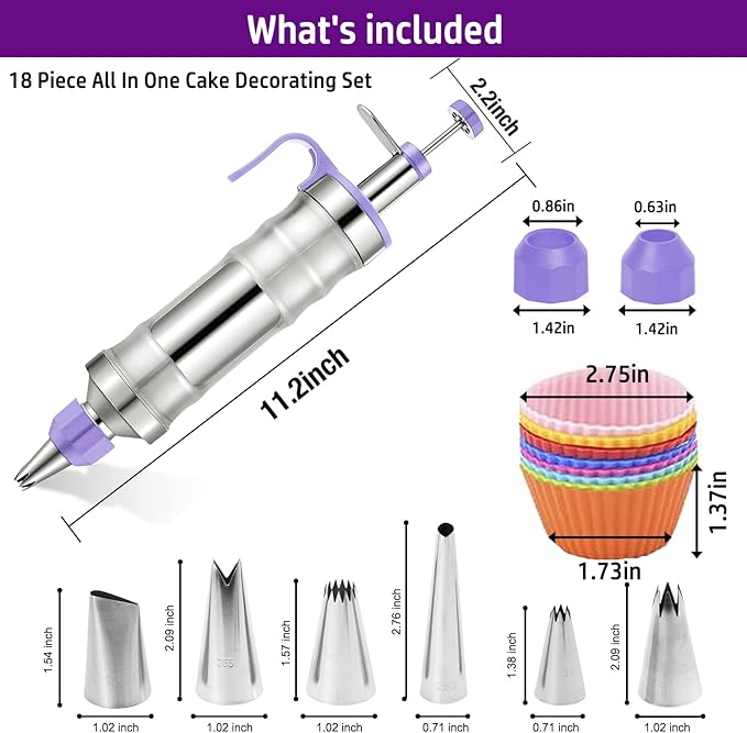 Dessert Decorating Syringe Set, Frosting Piping Kit Stainless Steels Cake Decorating Kit with 6 Piping Tips & 9 silicone cupcakes, Cupcake Decorating Kit Piping Bags and Tips Set