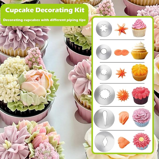 Dessert Decorating Syringe Set, Frosting Piping Kit Stainless Steels Cake Decorating Tools with 54 Piping Tips, 9 Silicone Baking Cups, Cupcake Decorating Kit
