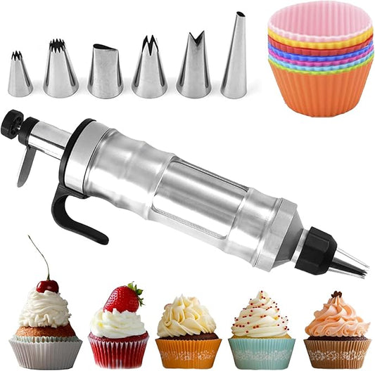 Dessert Decorating Syringe Set, Icing Piping Kit Stainless Steels Cake Decorating Tools 6 Piping Icing Nozzles Cupcake Decorating Kit