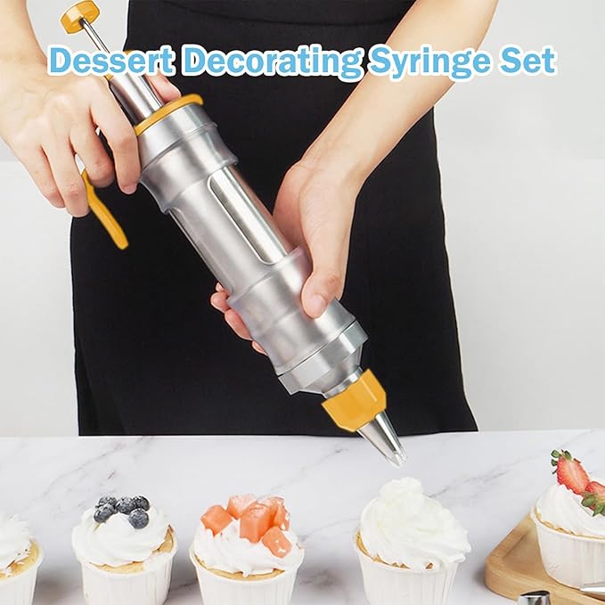 Dessert Decorating Syringe Set, Stainless Steels Cake Decorating Tools Icing Piping Kit Icing Gun Cupcake Frosting Piping Kit, Cake Piping Kit with 6 Icing Nozzles and 9 Cupcake Liners
