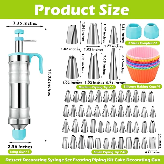 Dessert Decorating Syringe Set, Frosting Piping Kit Stainless Steels Cake Decorating Tools with 54 Piping Tips, 9 Silicone Baking Cups, Cupcake Decorating Kit