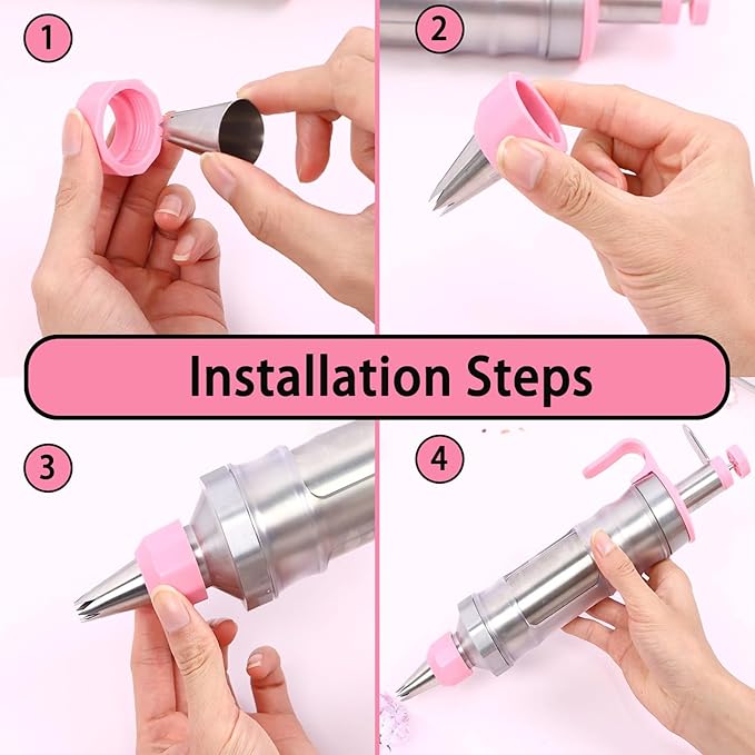 Dessert Decorating Syringe Set, Frosting Piping Kit Stainless Steels Cake Decorating Kit with 6 Piping Tips & 9 silicone cupcakes, Cupcake Decorating Kit Piping Bags and Tips Set