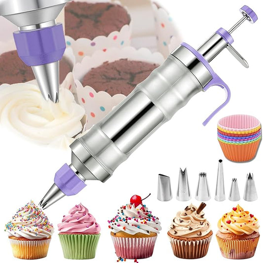 Dessert Decorating Syringe Set, Frosting Piping Kit Stainless Steels Cake Decorating Kit with 6 Piping Tips & 9 silicone cupcakes, Cupcake Decorating Kit Piping Bags and Tips Set