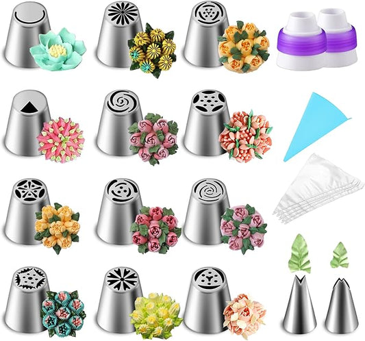 27 Pieces Piping Tips Set, Cake Decorating Tips Baking Supplies for Cupcake Cookies Birthday Party (12 Icing Tips 10 Pastry Baking Bags 2 Leaf Piping Tips 2 Couplers 1 Silicone Bag)