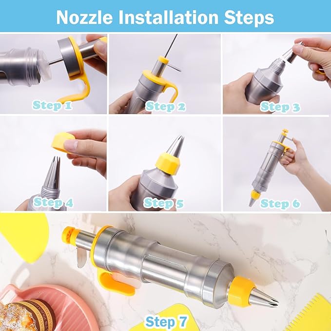 Dessert Decorating Syringe Set, Stainless Steels Cake Decorating Tools Icing Piping Kit Icing Gun Cupcake Frosting Piping Kit, Cake Piping Kit with 6 Icing Nozzles and 9 Cupcake Liners