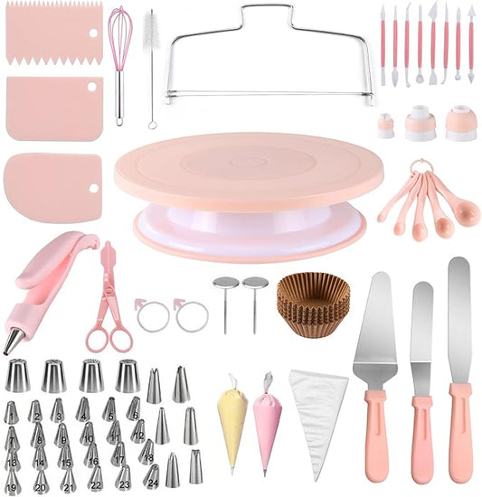 207PCS Cake Decorating Kit Includes Revolving cake turntable for decorating, Icing Bags and Tips Set, 3 Spatulas, 3 Cake Scraper, 100 Piping Bags, frosting piping kit,and 3 Coupler for Baking
