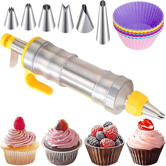 Dessert Decorating Syringe Set, Cake Decorating Kit, Stainless Steels Frosting Piping Kit for Cupcake Decoration with 6 Piping Nozzles, Cake Decorating Gun for Frosting Cream to Make Cupcakes