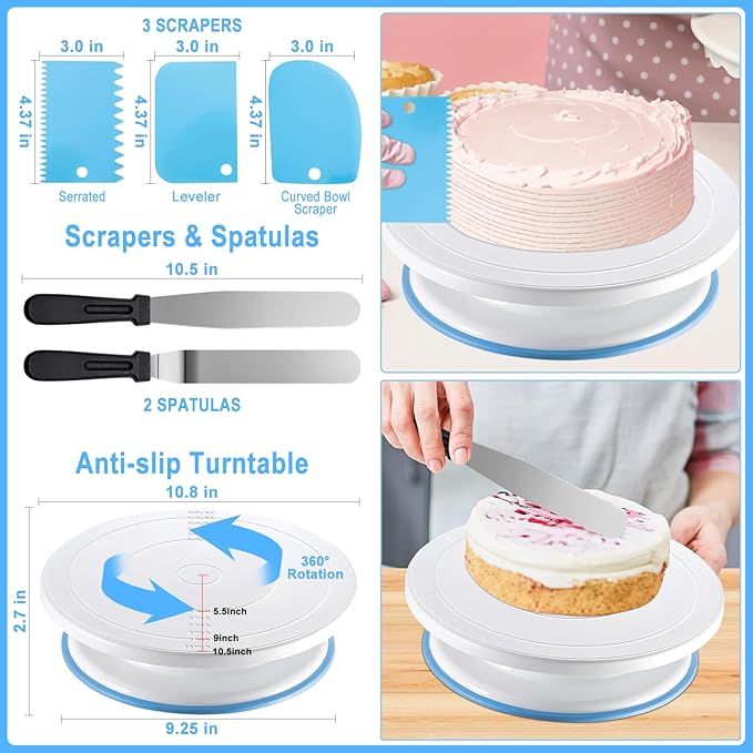 68Pcs Cake Decorating Kit, Baking Supplies Included Turntable, Leveler, 24 Numbered Icing Piping Tips, 2 Spatula, 3 Scrapers, 30+1 Piping Bags, for Beginners Desserts Parties Mother's Day Gift Ideas