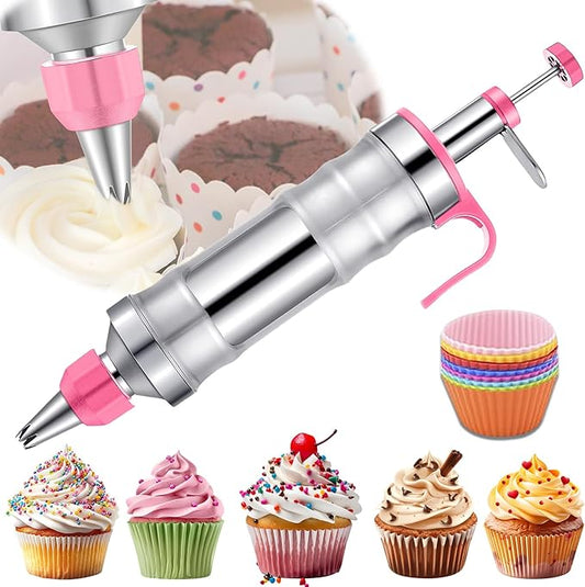 Dessert Decorating Syringe Set, Frosting Piping Kit Stainless Steels Cake Decorating Kit with 6 Piping Tips & 9 silicone cupcakes, Cupcake Decorating Kit Piping Bags and Tips Set