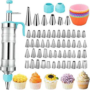 Dessert Decorating Syringe Set, Frosting Piping Kit Stainless Steels Cake Decorating Tools with 54 Piping Tips, 9 Silicone Baking Cups, Cupcake Decorating Kit