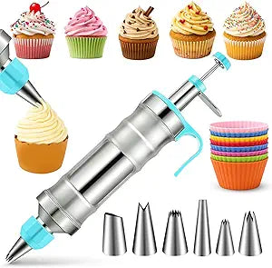 Dessert Decorating Syringe Set, Frosting Piping Kit Stainless Steels Cake Decorating Kit with 6 Piping Tips & 9 silicone cupcakes, Cupcake Decorating Kit Piping Bags and Tips Set