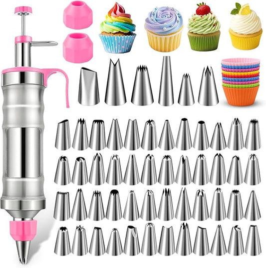 Dessert Decorating Syringe Set, Frosting Piping Kit Stainless Steels Cake Decorating Kit with 54 Piping Tips & 9 silicone cupcakes, Cupcake Decorating Kit Piping Bags and Tips Set