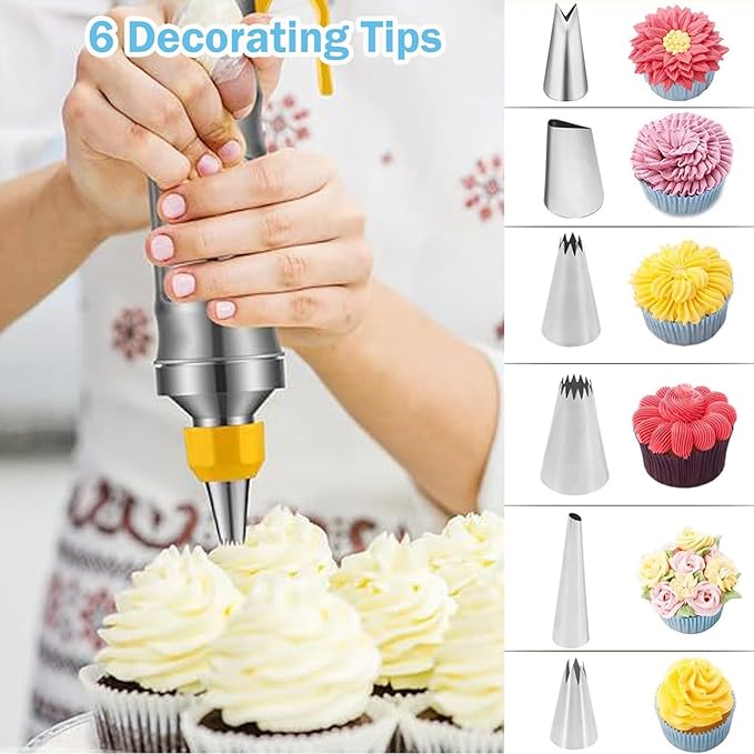 Dessert Decorating Syringe Set, Stainless Steels Cake Decorating Tools Icing Piping Kit Icing Gun Cupcake Frosting Piping Kit, Cake Piping Kit with 6 Icing Nozzles and 9 Cupcake Liners