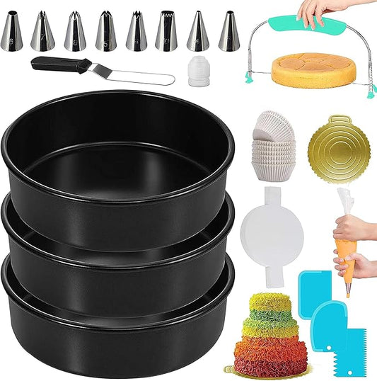 133PCs Round Cake Pans Sets for Baking + Cake Decorating Kit with NonStick 8 Inch Cake Pan Set of 3 -Icing Tips,Cake Leveler,Spatula, Multifunctional Cake Pan, Baking Supplies Gift & eBook