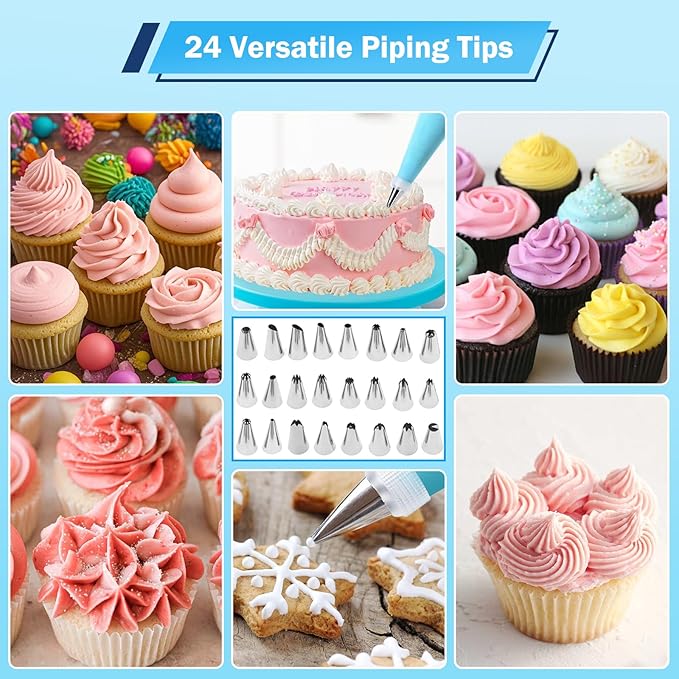 Piping Bags and Tips Set, Cake Decorating Kit with 2 Reusable Piping Bags, 24 Icing Tips, 2 Couplers, 3 Scrapers 2 Silicone Rings, Cupcake Decorating Kits Cake Piping Tips Frosting Piping Kit