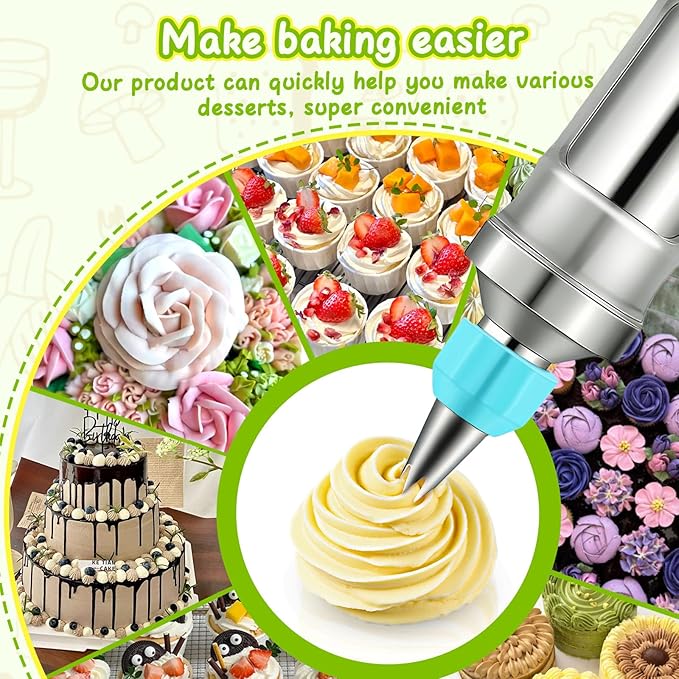 Dessert Decorating Syringe Set, Frosting Piping Kit Stainless Steels Cake Decorating Kit with 6 Piping Tips & 9 silicone cupcakes, Cupcake Decorating Kit Piping Bags and Tips Set