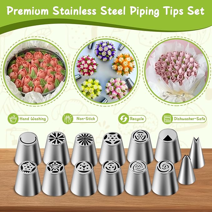 27 Pieces Piping Tips Set, Cake Decorating Tips Baking Supplies for Cupcake Cookies Birthday Party (12 Icing Tips 10 Pastry Baking Bags 2 Leaf Piping Tips 2 Couplers 1 Silicone Bag)