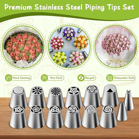 27 Pieces Piping Tips Set, Cake Decorating Tips Baking Supplies for Cupcake Cookies Birthday Party (12 Icing Tips 10 Pastry Baking Bags 2 Leaf Piping Tips 2 Couplers 1 Silicone Bag)