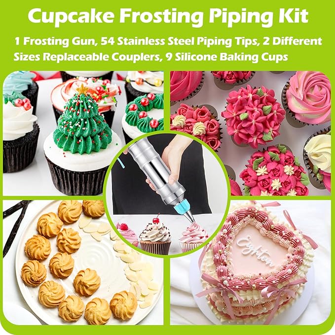 Dessert Decorating Syringe Set, Frosting Piping Kit Stainless Steels Cake Decorating Tools with 54 Piping Tips, 9 Silicone Baking Cups, Cupcake Decorating Kit